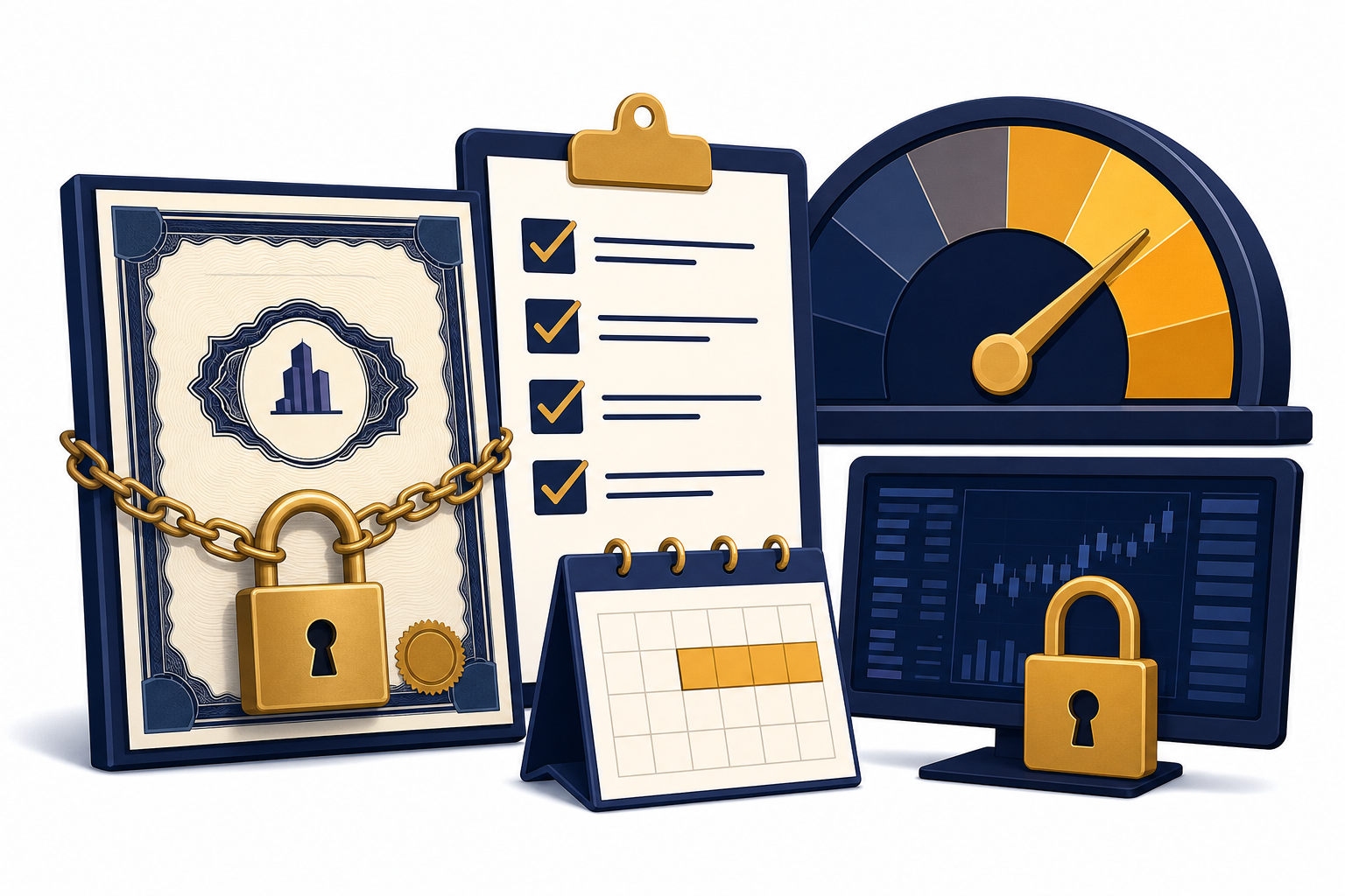 Locked share certificate, IPO checklist, valuation gauge, calendar card, and blocked brokerage screen.