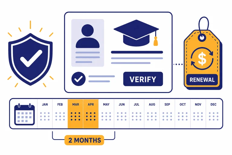 Verification dashboard with labels VERIFY, 2 MONTHS, PLUS, and RENEWAL around a student discount card.