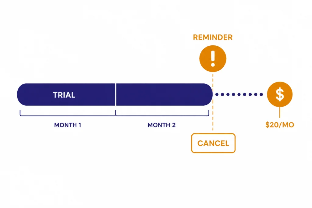 Trial Renewal Reminder Billing reminder diagram labeled TRIAL, REMINDER, CANCEL, and $20/MO before renewal.