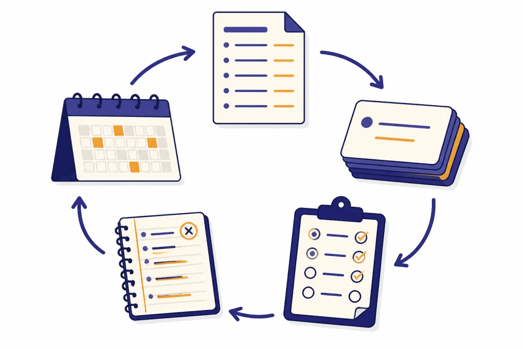 Exam Prep Loop Exam prep loop connects syllabus sheet, flashcards, quiz clipboard, mistake notebook, and calendar.
