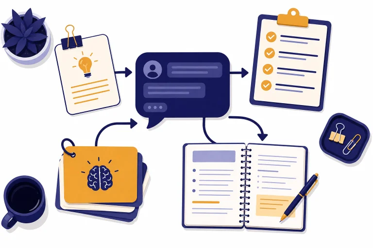Prompt card connected to a tutor bubble, rubric checklist, flashcards, and revision notebook.