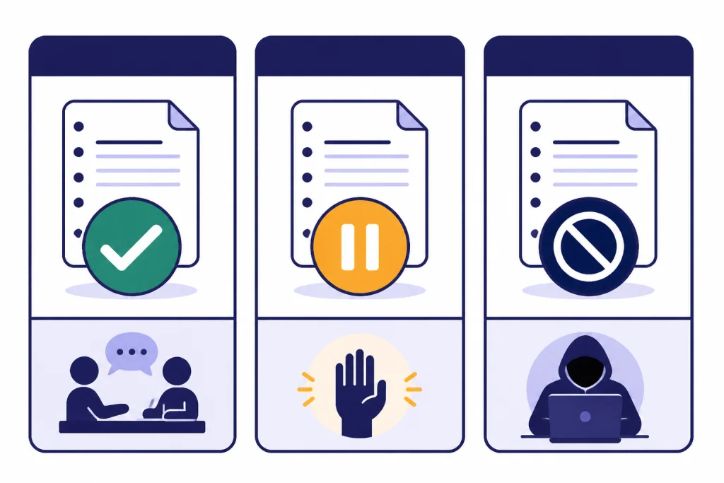 Three assignment cards show tutor help, permission needed, and blocked ghostwriting risk.