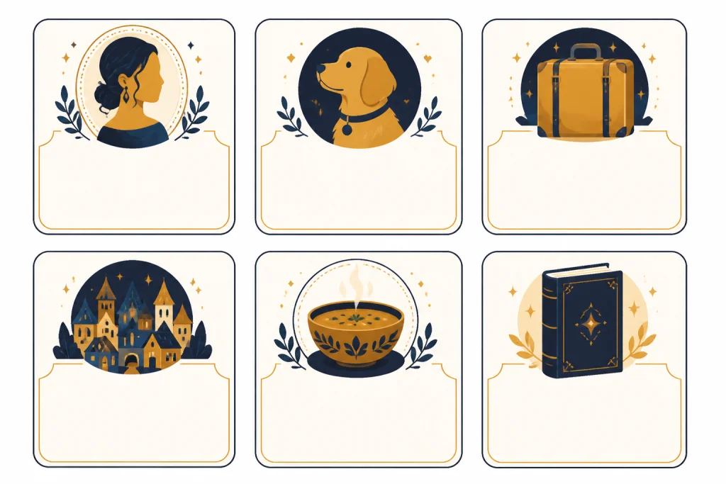 Copy Paste Prompt Grid Grid of six blank prompt cards with icons for portrait, pet, travel, village, soup, and book cover