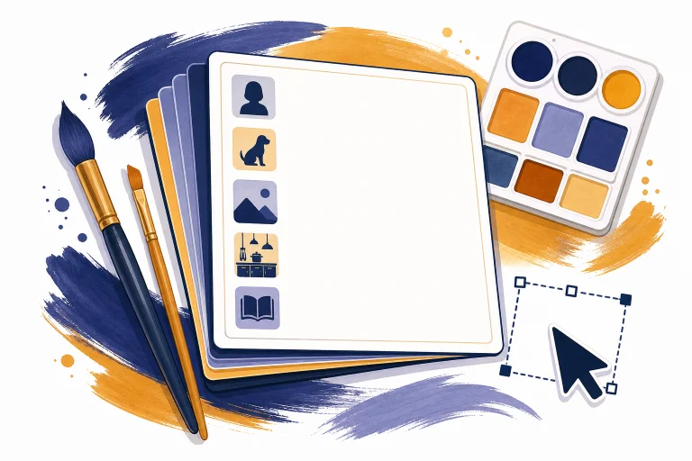 Stack of blank prompt cards with portrait, pet, landscape, kitchen, and book cover icons