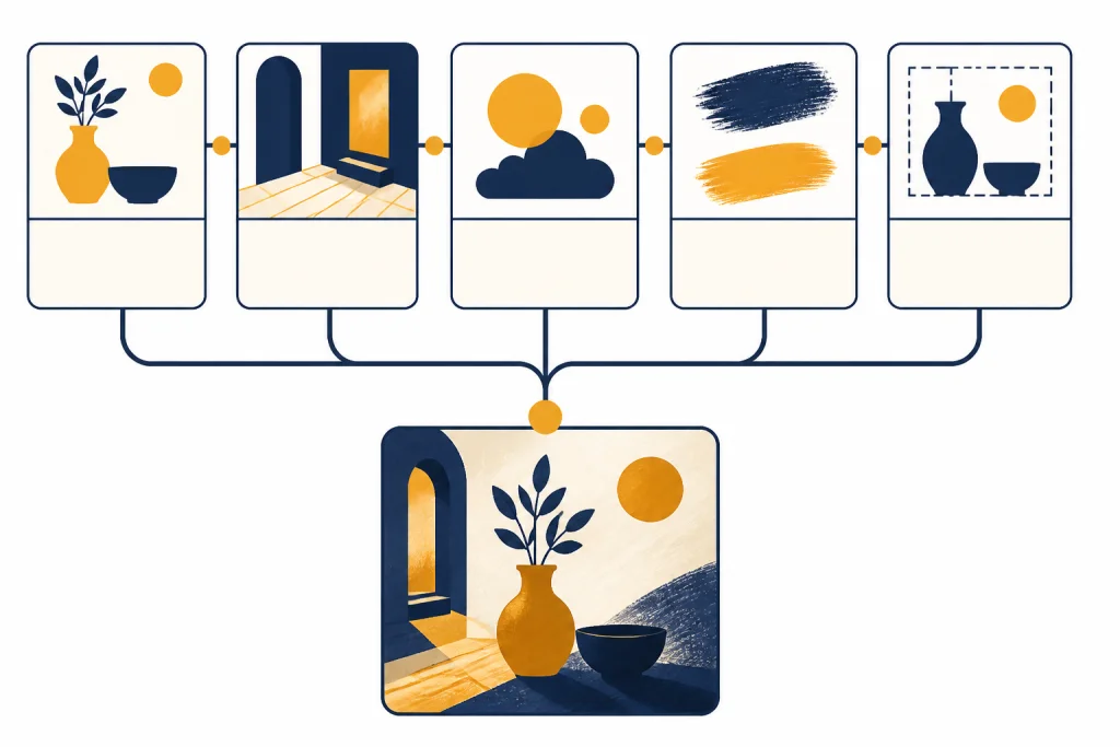 Five connected prompt formula cards flowing into one generated image tile