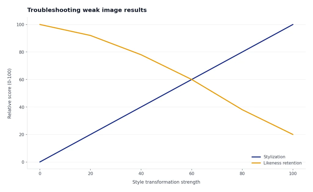 Conceptual chart showing that stronger stylization can make likeness harder to preserve.