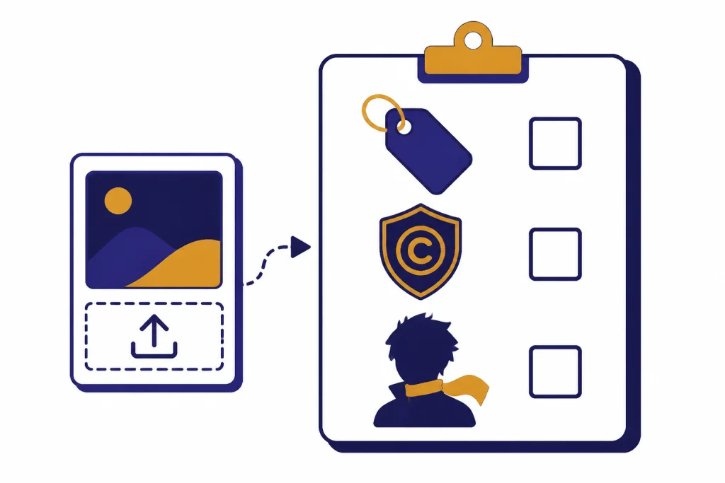 AI Image Safety Checklist Safety checklist with disclosure tag, copyright shield, and original-character silhouette