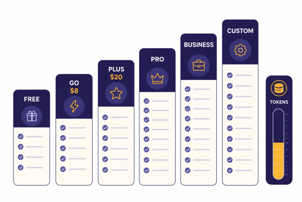 Six pricing cards labeled FREE, GO $8, PLUS $20, PRO, BUSINESS, and CUSTOM beside a token meter.