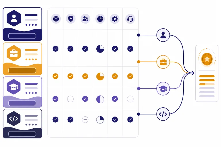 Pricing dashboard with subscription cards, a token meter, and branching personal, business, education, developer paths.