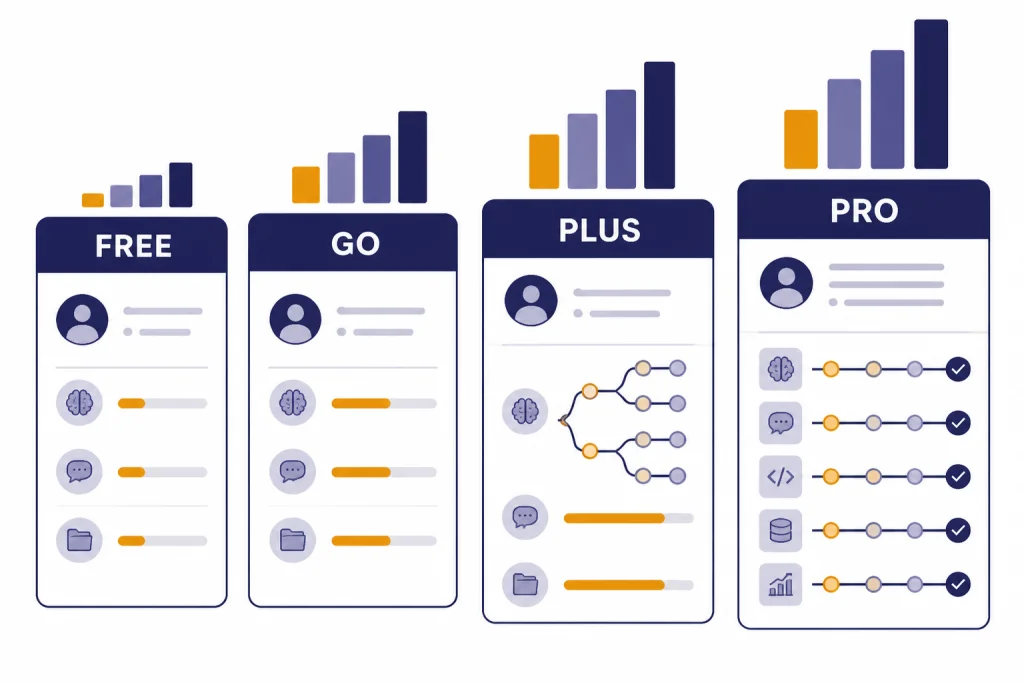 Four consumer plan cards labeled FREE, GO, PLUS, and PRO with rising usage bars and task lanes.