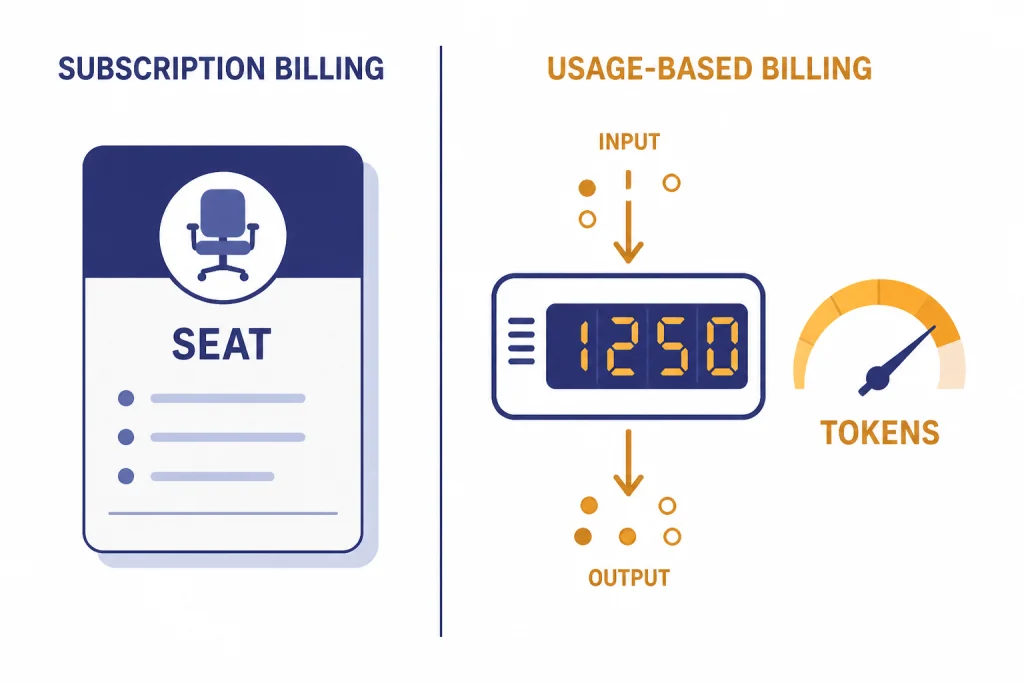 Billing diagram with a SEAT card on one side and a TOKENS meter with input and output arrows on the other.