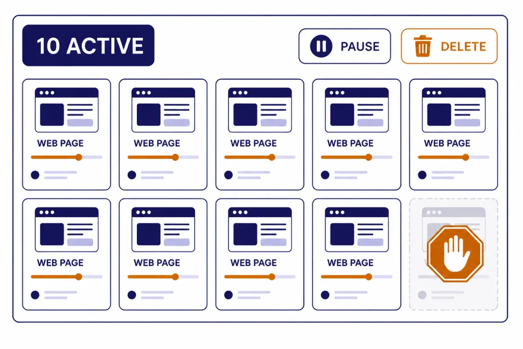 Active Task Limit Dashboard with ten task cards labeled 10 ACTIVE and controls labeled PAUSE, DELETE, and WEB PAGE.