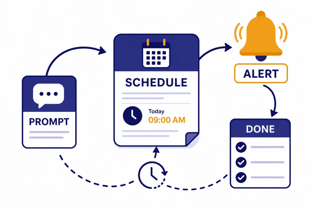 ChatGPT Tasks Overview Scheduled task card connected to a clock, bell, and checklist labeled PROMPT, SCHEDULE, ALERT, and DONE.