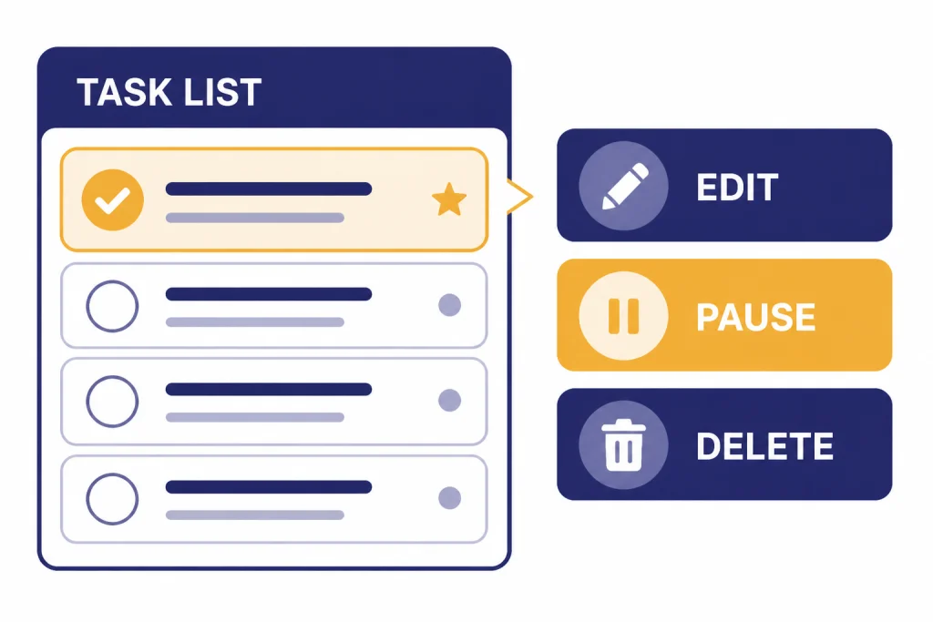 Task management panel labeled TASK LIST with action buttons labeled EDIT, PAUSE, and DELETE.