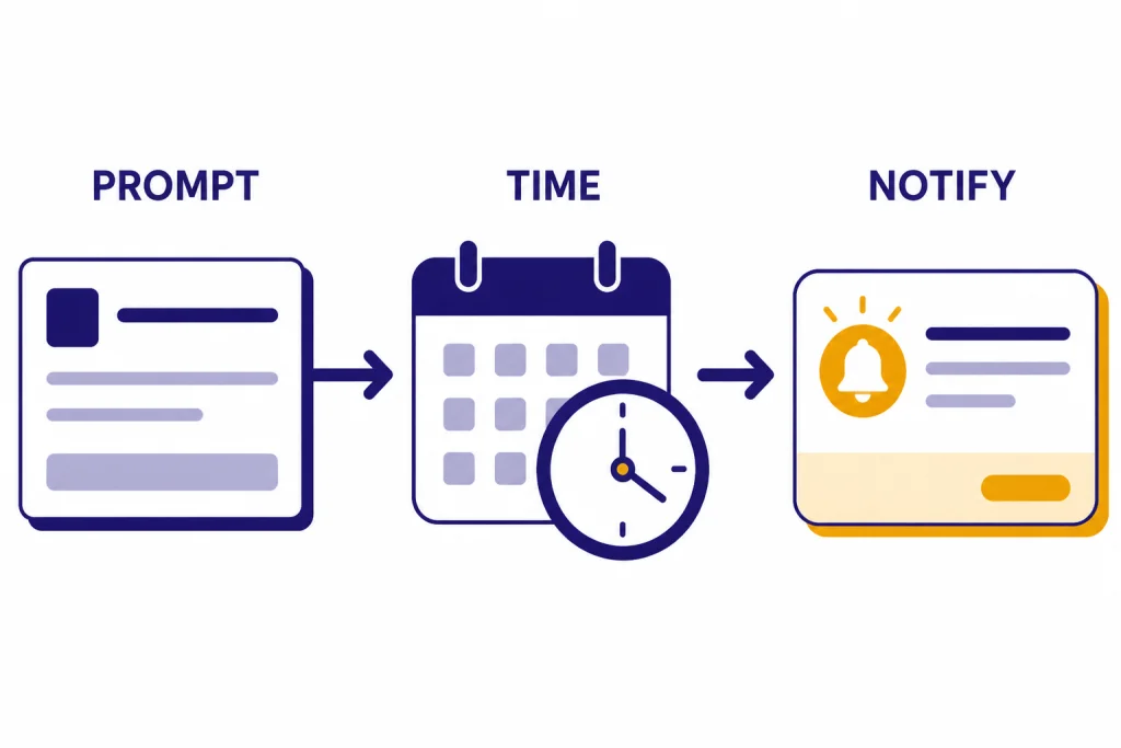 Scheduled Prompt Pipeline Pipeline with three parts labeled PROMPT, TIME, and NOTIFY ending in a notification card.