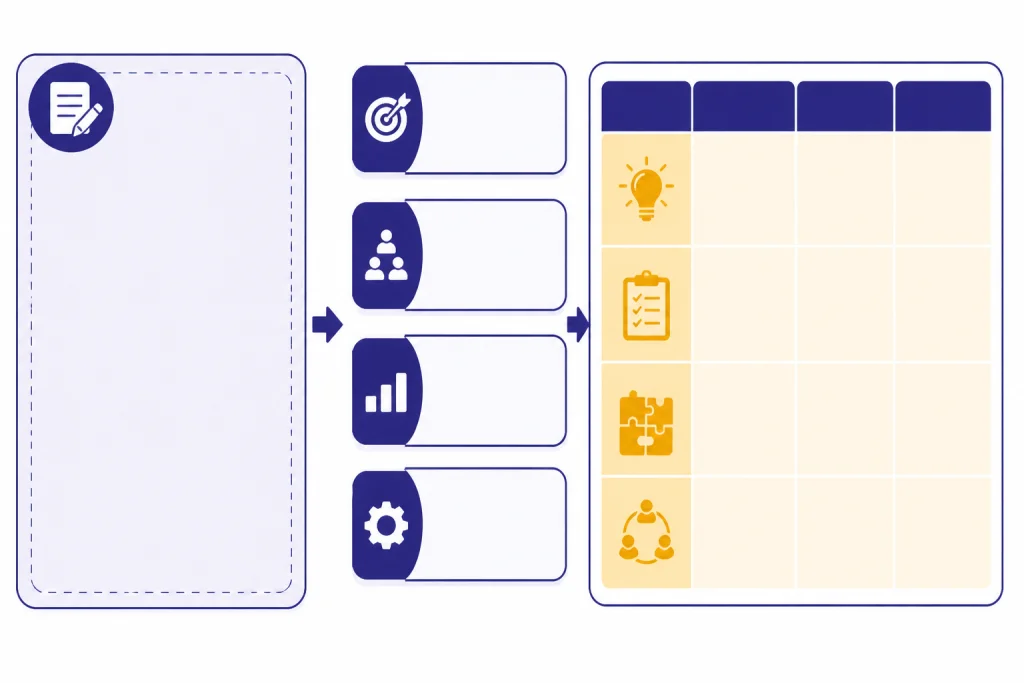 Prompt skeleton with input panel, four context cards, and structured lesson table tray.