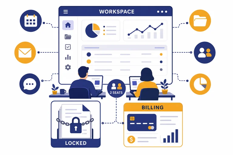 Workspace dashboard with labels 2 SEATS, WORKSPACE, BILLING, and LOCKED around shared business controls.