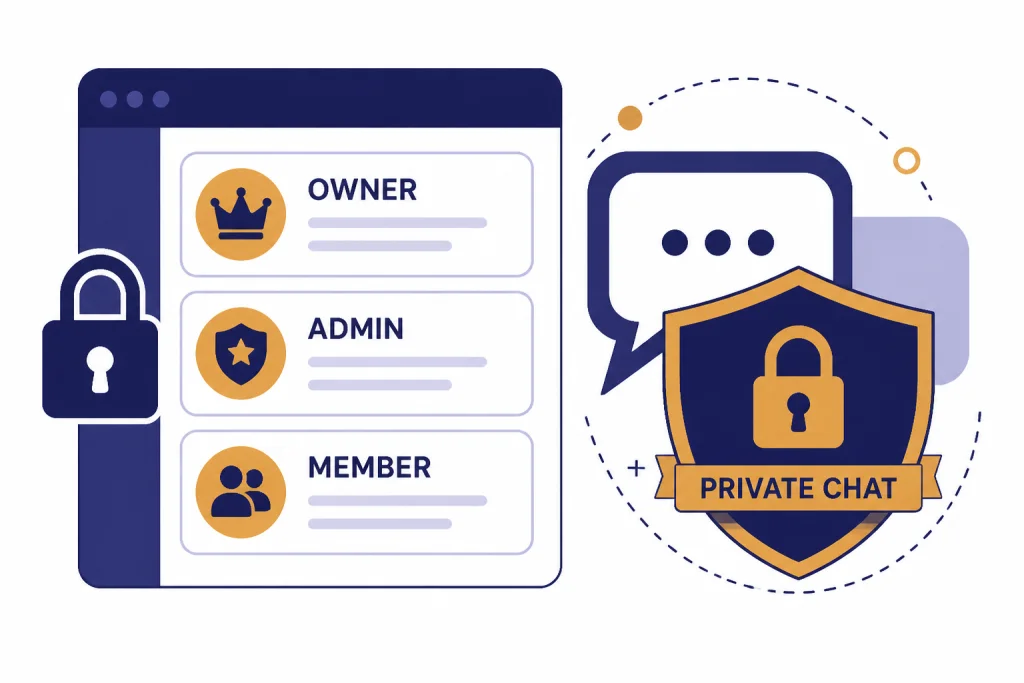 Privacy And Roles Locked workspace with role badges OWNER, ADMIN, MEMBER and a shield labeled PRIVATE CHAT.