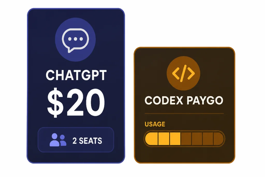 Business Seat Types Two seat cards labeled CHATGPT $20 and CODEX PAYGO, with a 2 SEATS badge on the ChatGPT card.