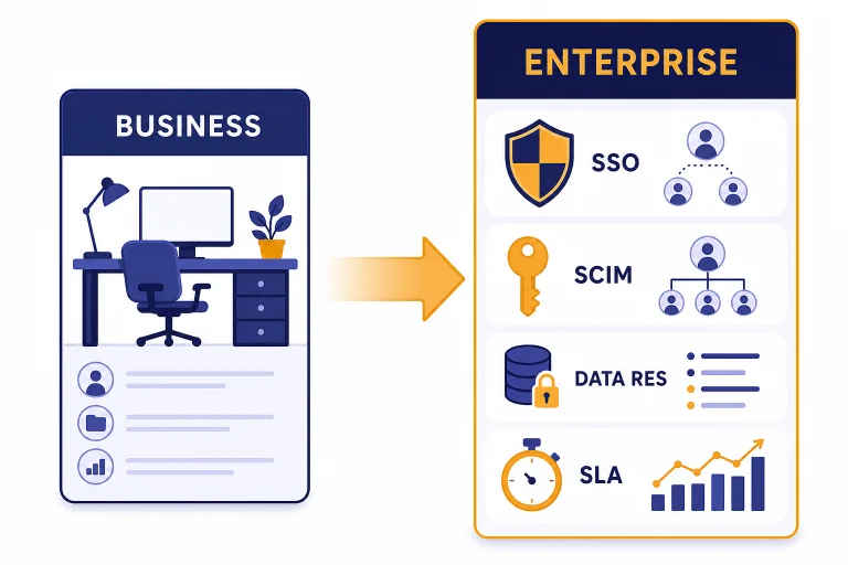 Decision dashboard with cards labeled BUSINESS and ENTERPRISE plus SSO, SCIM, DATA RES, and SLA controls.