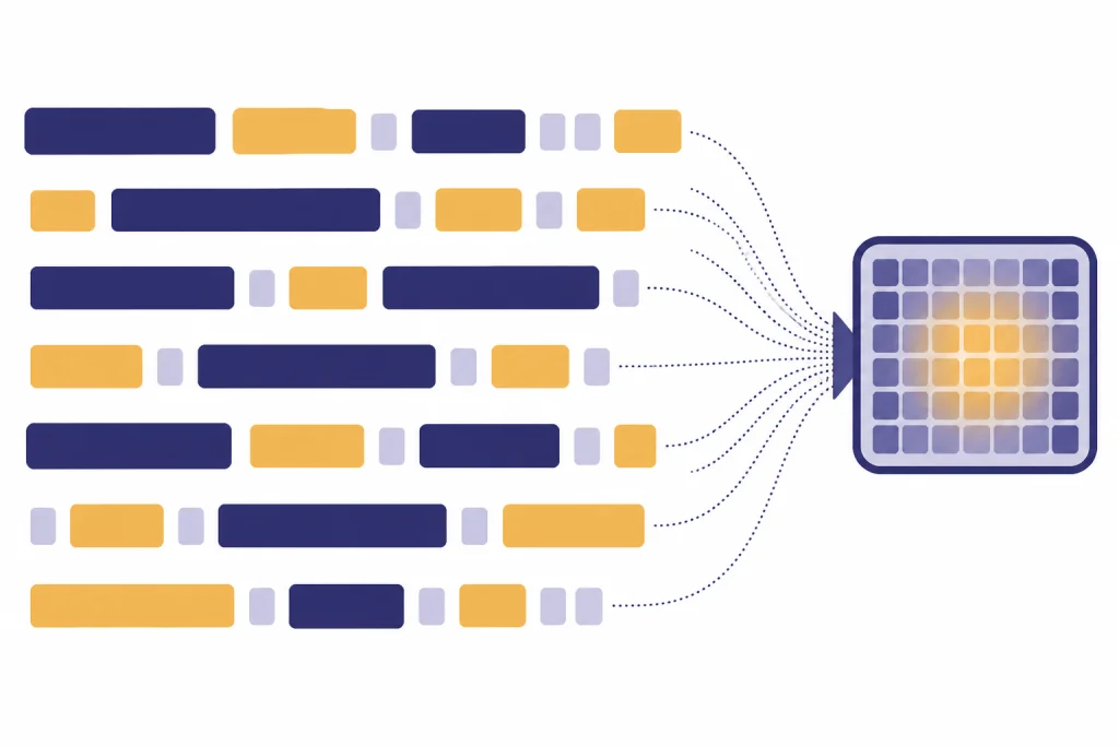 Token Blocks Sentence fragments broken into uneven token blocks feeding into a compact model window.