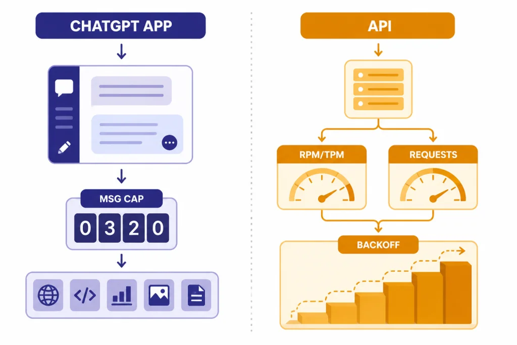 ChatGPT App Versus API Split diagram labeled CHATGPT APP and API with MSG CAP, RPM/TPM, and BACKOFF.