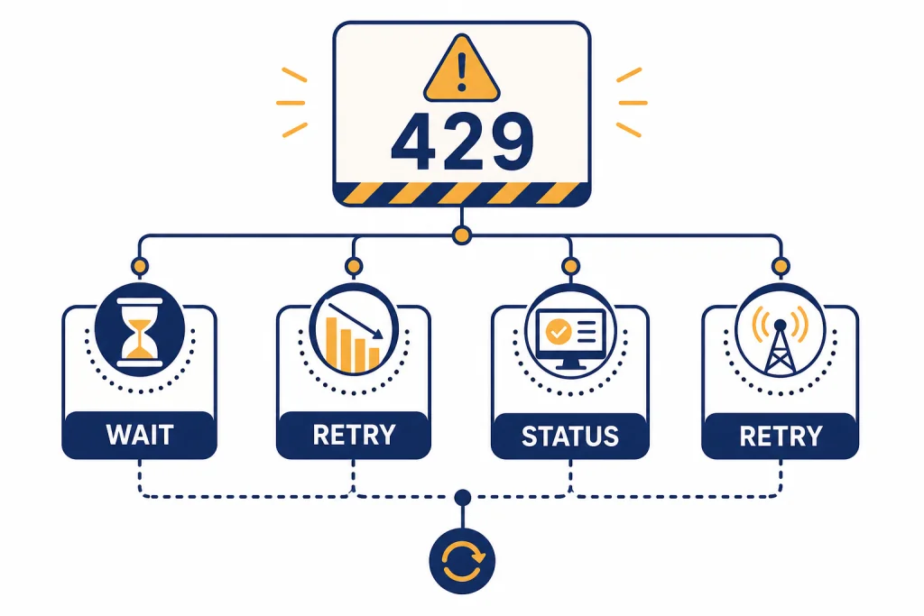 ChatGPT 429 Fix Flow Decision tree around a central 429 panel with branches labeled WAIT, STATUS, and RETRY.