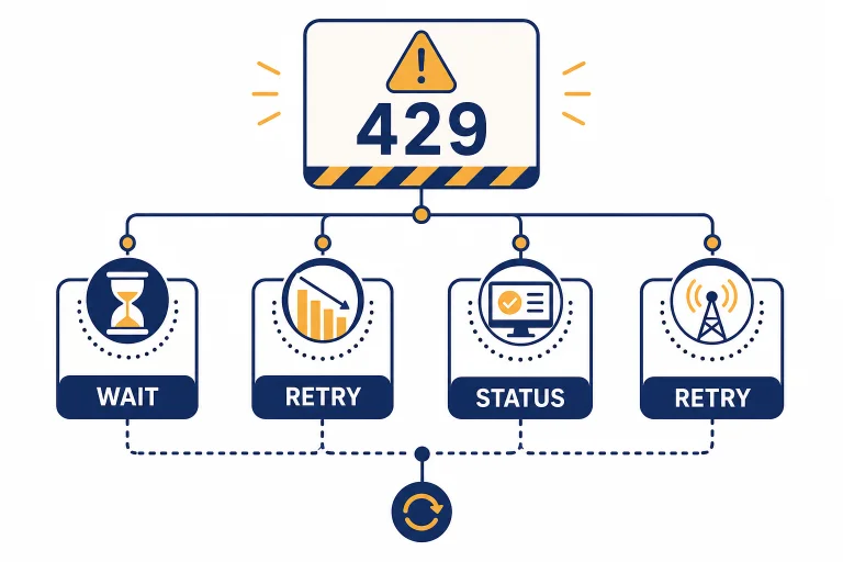 Decision tree around a central 429 panel with branches labeled WAIT, STATUS, and RETRY.