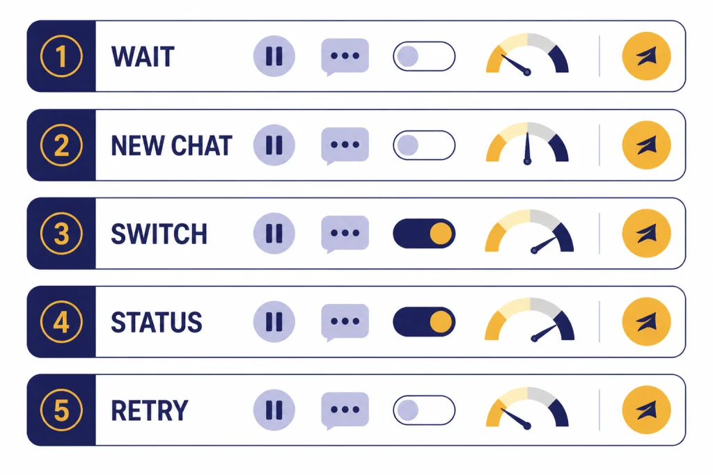 Too Many Requests Checklist Five checklist cards labeled WAIT, NEW CHAT, SWITCH, STATUS, and RETRY.
