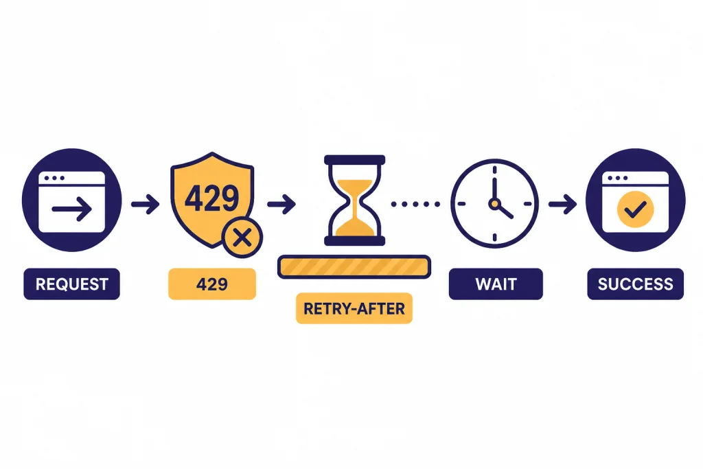 Request timeline labeled REQUEST, 429, RETRY-AFTER, WAIT, and SUCCESS.
