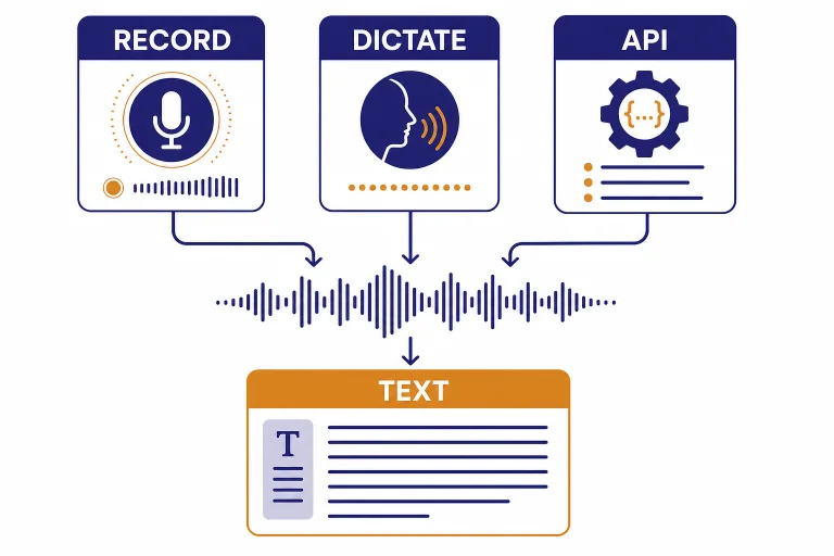 Three audio paths labeled RECORD, DICTATE, and API feeding into a transcript page labeled TEXT.