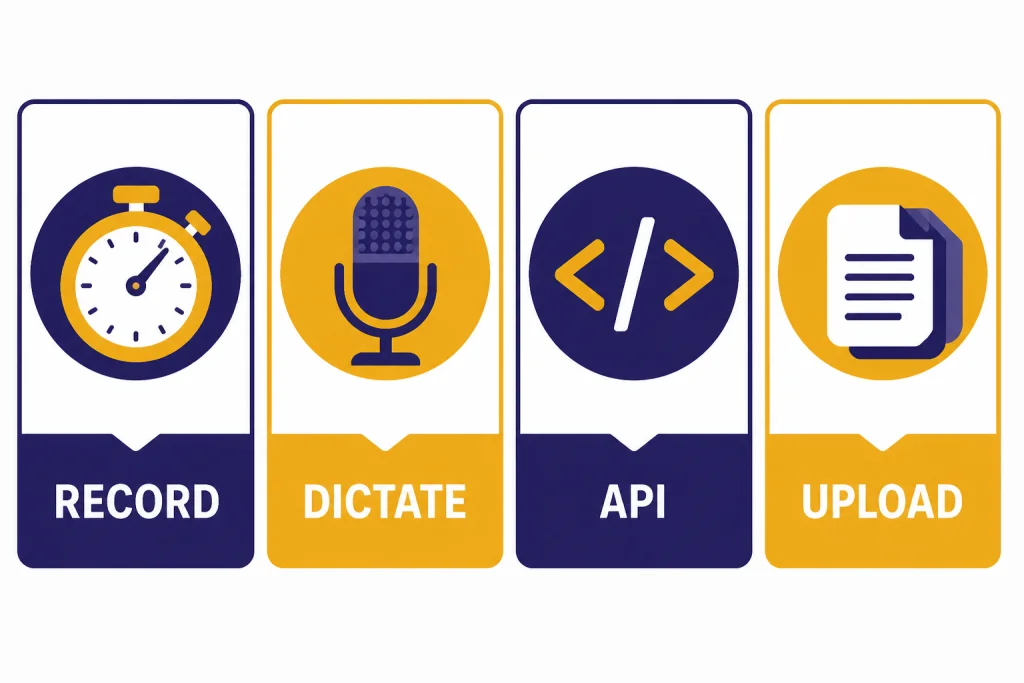 Transcription Method Matrix Four comparison cards labeled RECORD, DICTATE, API, and UPLOAD with timer, microphone, code, and document icons.