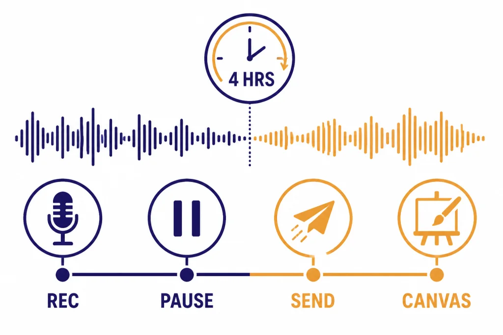 Record mode timeline labeled REC, PAUSE, SEND, CANVAS, with a clock badge labeled 4 HRS.