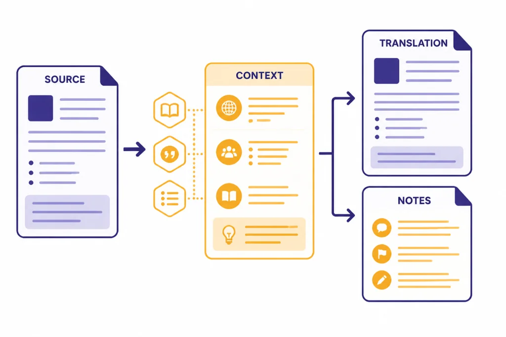 Translation Context Pipeline Pipeline with SOURCE flowing through CONTEXT into TRANSLATION and NOTES output cards.