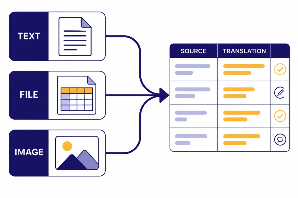 Text File Image Translation Three lanes labeled TEXT, FILE, and IMAGE merge into one reviewed translation table.