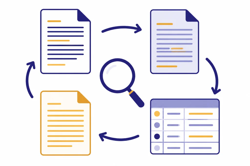 Four-stage review loop with source document, draft translation, issue table, and final document.