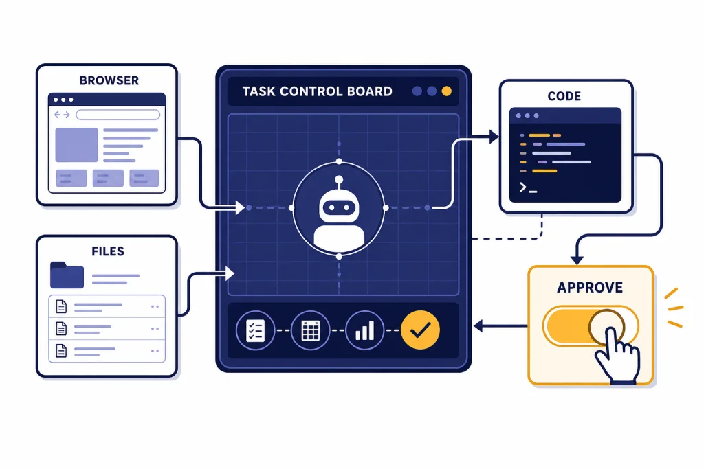 Agent Mode Workflow Board Task board with cards labeled BROWSER, FILES, CODE, and APPROVE connected to an approval gate.
