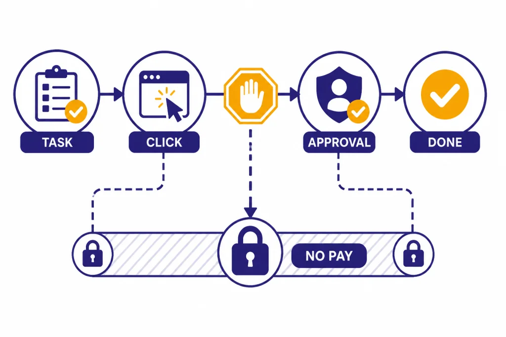 Agent mode flow labeled TASK, CLICK, APPROVAL, DONE, with a stop sign and locked NO PAY lane.
