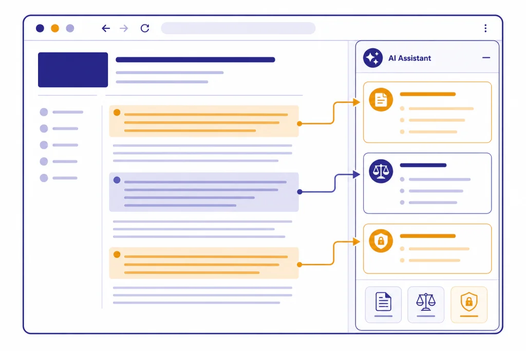 Atlas Browser Workflow Browser window with web page panel, AI sidebar, context arrows, and controls for summary, comparison, and action.