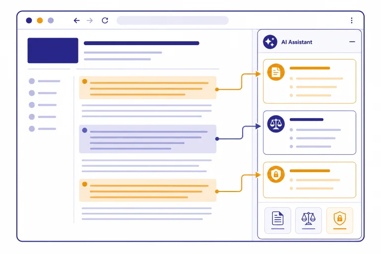 Browser window with web page panel, AI sidebar, context arrows, and controls for summary, comparison, and action.