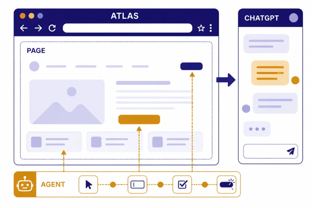 Atlas Page Context Browser diagram labeled ATLAS, CHATGPT, AGENT, and PAGE with arrows between the page and sidebar.