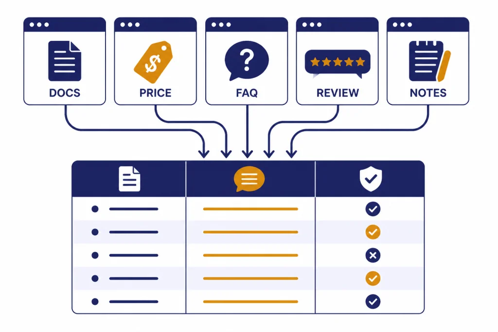 Five tabs labeled DOCS, PRICE, FAQ, REVIEW, and NOTES feeding into a comparison table.
