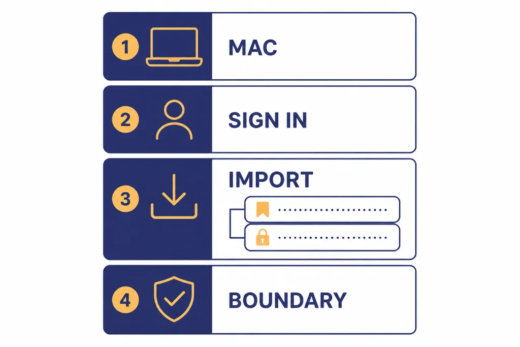 Atlas Setup Checklist Setup checklist cards labeled MAC, SIGN IN, IMPORT, and BOUNDARY, with a shield on the boundary card.
