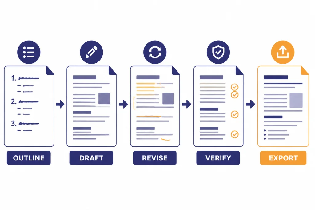 Canvas Document Workflow Five-card workflow labeled OUTLINE, DRAFT, REVISE, VERIFY, and EXPORT connected by arrows.