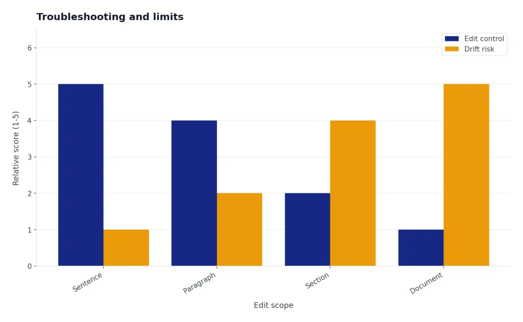Grouped bars: Sentence, Paragraph, Section, Document; control falls 5 to 1 while drift risk rises 1 to 5.