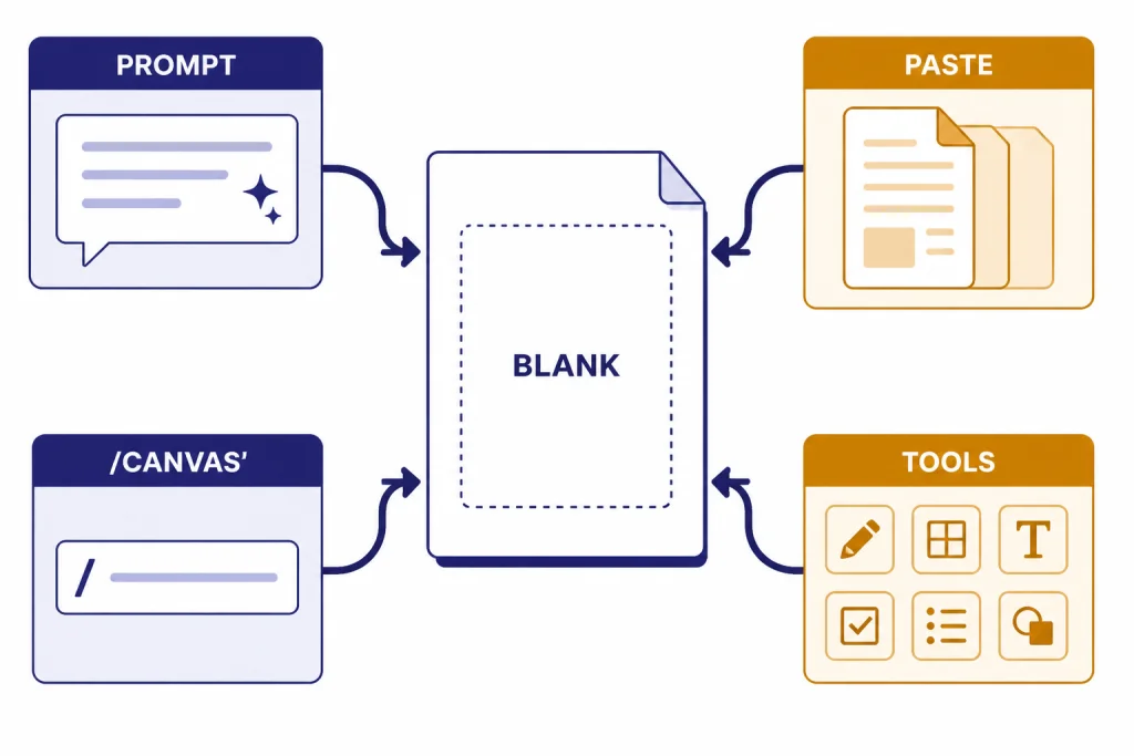 Four entry tiles labeled PROMPT, PASTE, /CANVAS, and TOOLS feed into a BLANK canvas.