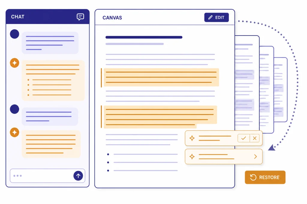 Canvas Document Workspace Split workspace labeled CHAT and CANVAS with highlighted document edits, EDIT card, and RESTORE arrow.