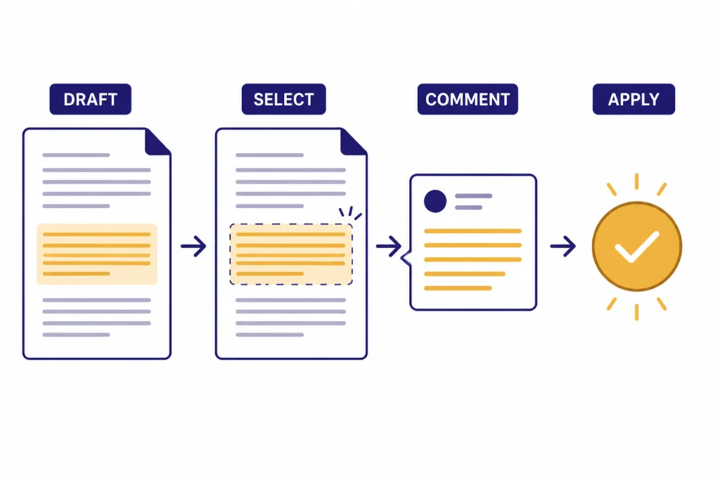 Editor diagram labeled DRAFT, SELECT, COMMENT, and APPLY around a selected paragraph.