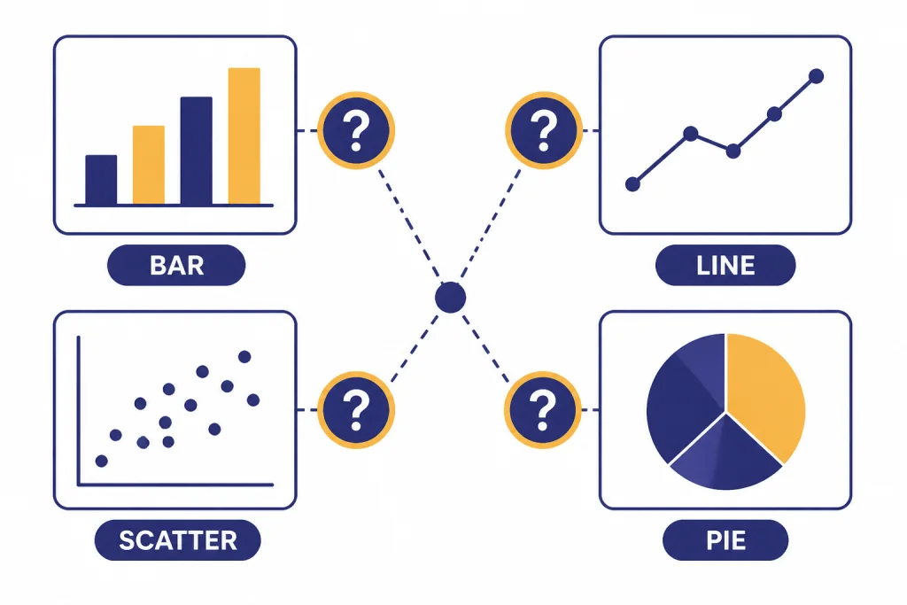 Chart matrix labeled BAR, LINE, SCATTER, and PIE with four chart panels.
