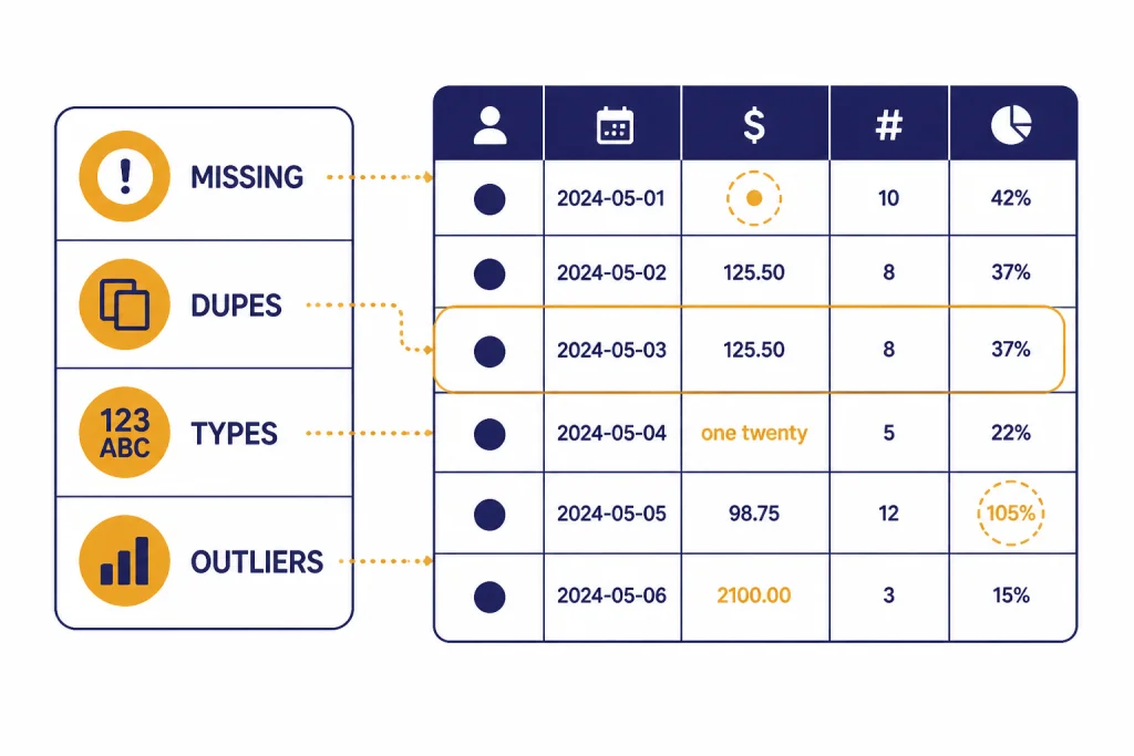 Data Cleaning Checklist Data quality checklist labeled MISSING, DUPES, TYPES, and OUTLIERS beside a marked table.